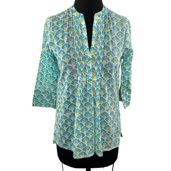 Roberta Roller Rabbit Green White Yellow Print Pintuck Cotton Tunic Top Size XS - Picture 1 of 7